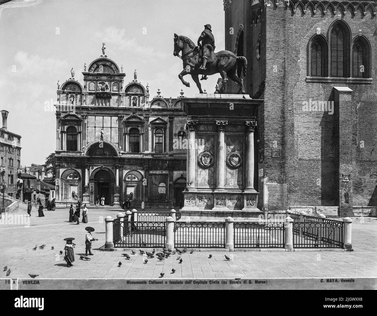 A view of SS. Giovanni e Paolo square,with the actual hospital of Venice and the statue of Colleoni, made by Carlo Naya between 1868 and 1882. The historical archive of Naya-Bohm is an archive of 25000 glass plates, now digitalized, of pictures of Venice from 1868 until 1882 (Carlo Naya), and then until 1950 (Bohm). Stock Photo