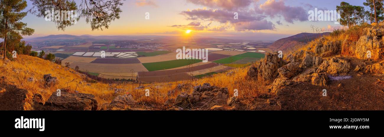 Panoramic sunrise view of the Jezreel valley from the Gilboa Ridge (Mount Shaul). Northern Israel Stock Photo