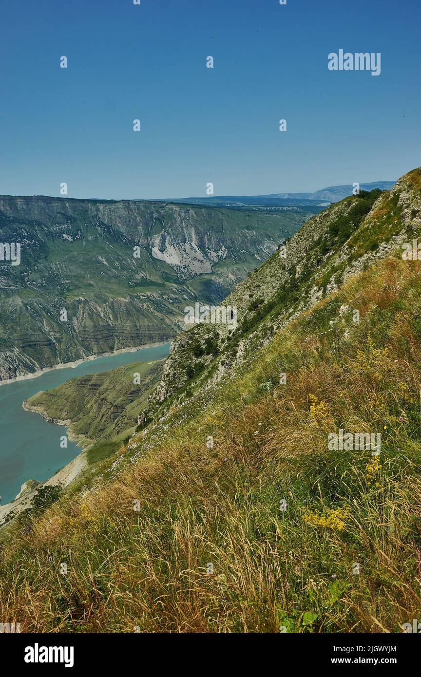 Sulak Canyon, steep-sided deepest canyon in Europe carved by the Sulak River in Dagestan, Russia. Stock Photo