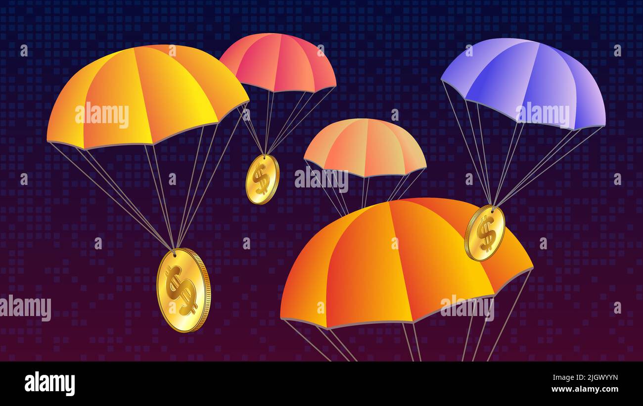 Airdrop concept with colorful parachutes and free golden coins Dollar USD  on dark digital background. Distribution of free coins concept. Vector  illus Stock Vector Image & Art - Alamy