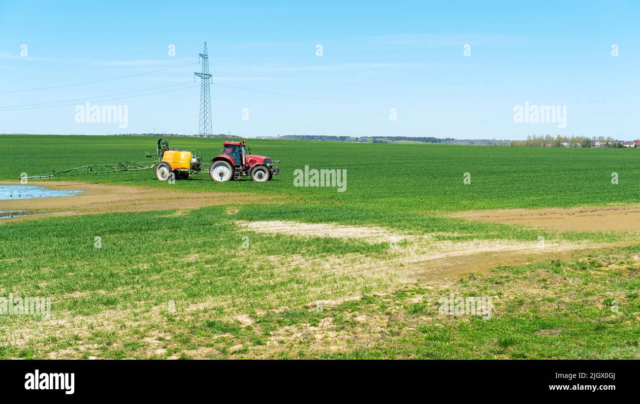 A tractor sprays a field of crops with glyphosphate to remove weeds. Fertilization of crops with mineral fertilizers. The concept of food crisis as a Stock Photo