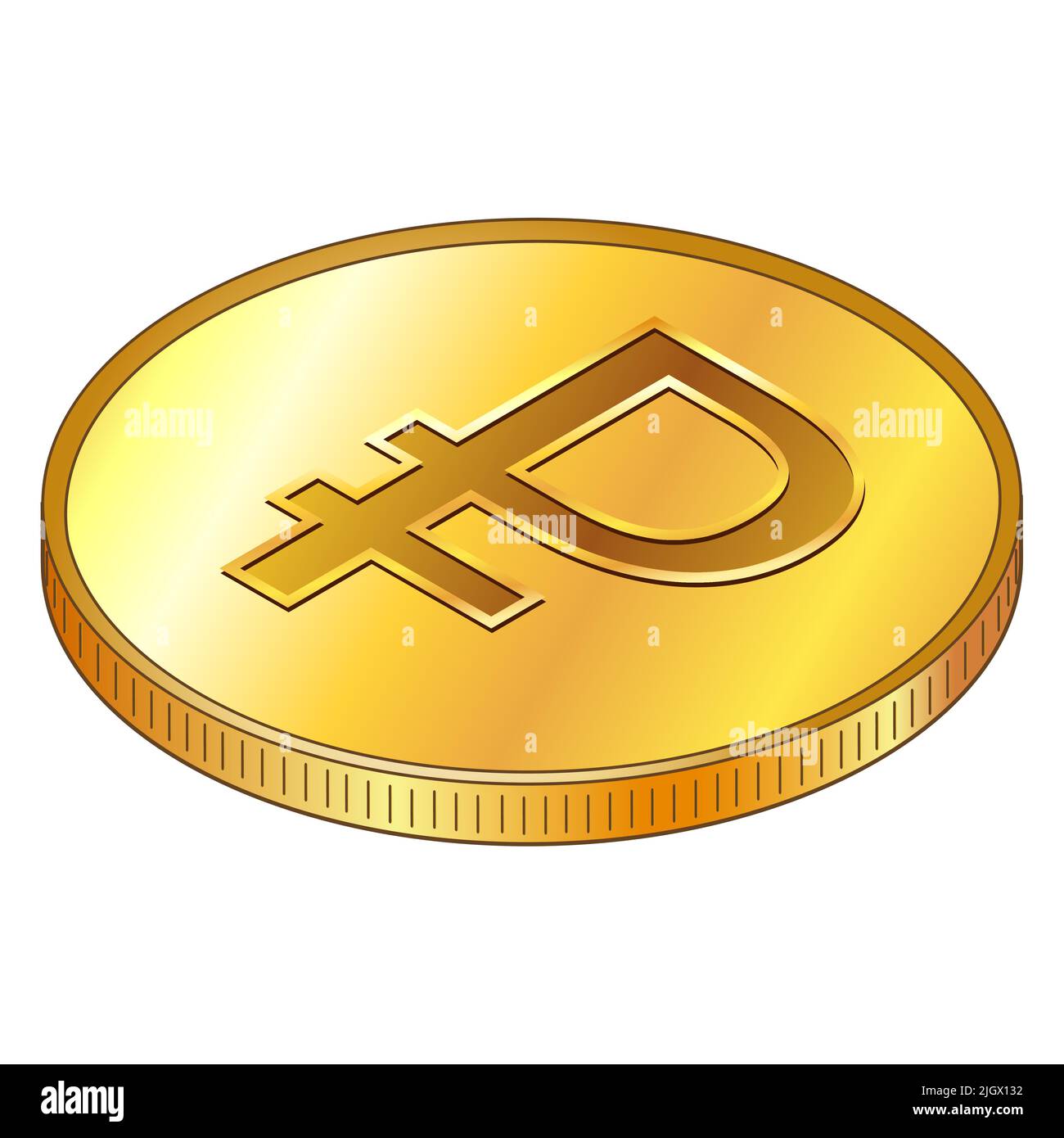Russian ruble gold coin with RUB currency sign in isometric top view