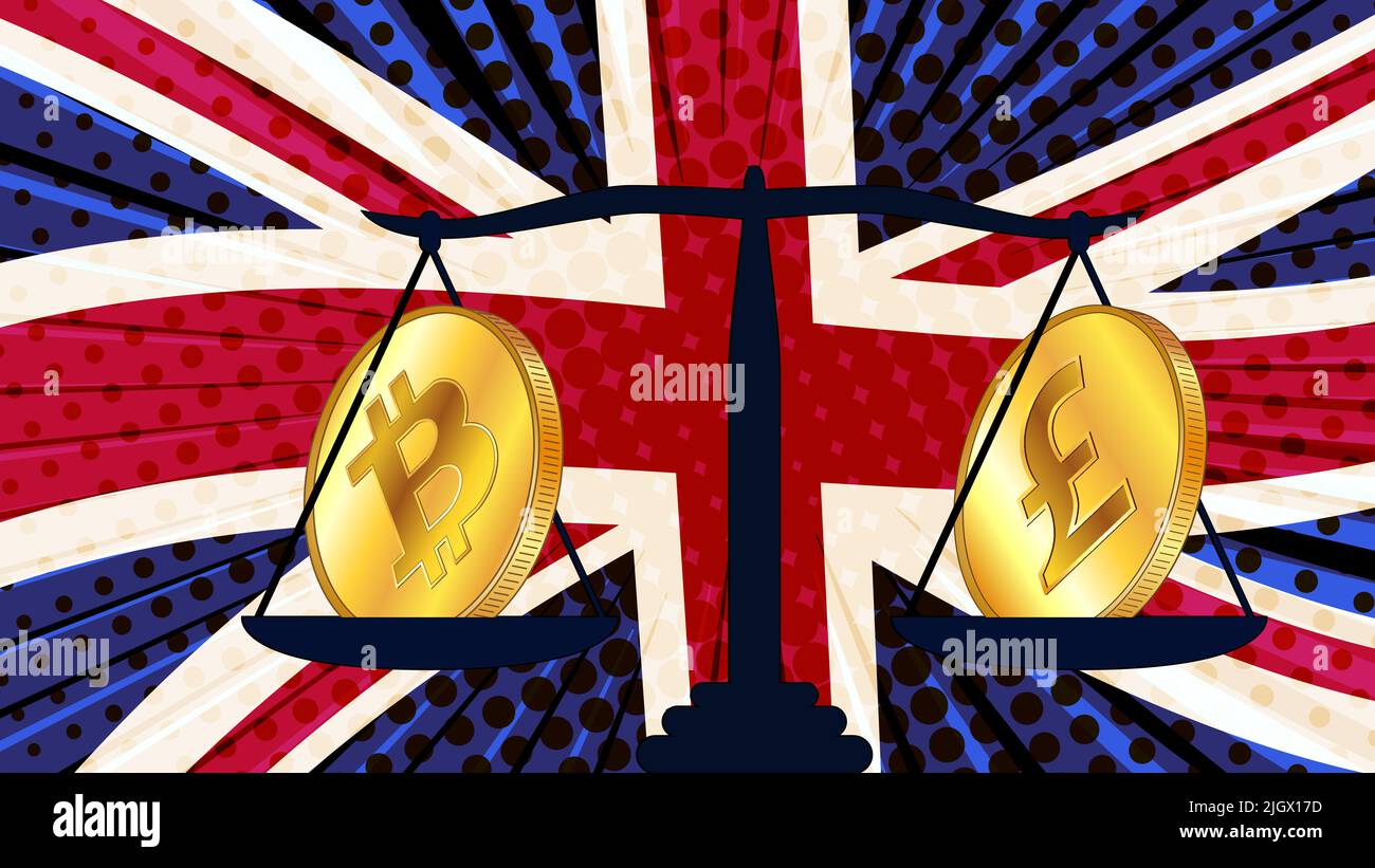 Gold coin of Bitcoin BTC and british pound GBP on scales isolated on white  background. Laws on digital assets CBDC. Vector illustration Stock Vector  Image & Art - Alamy
