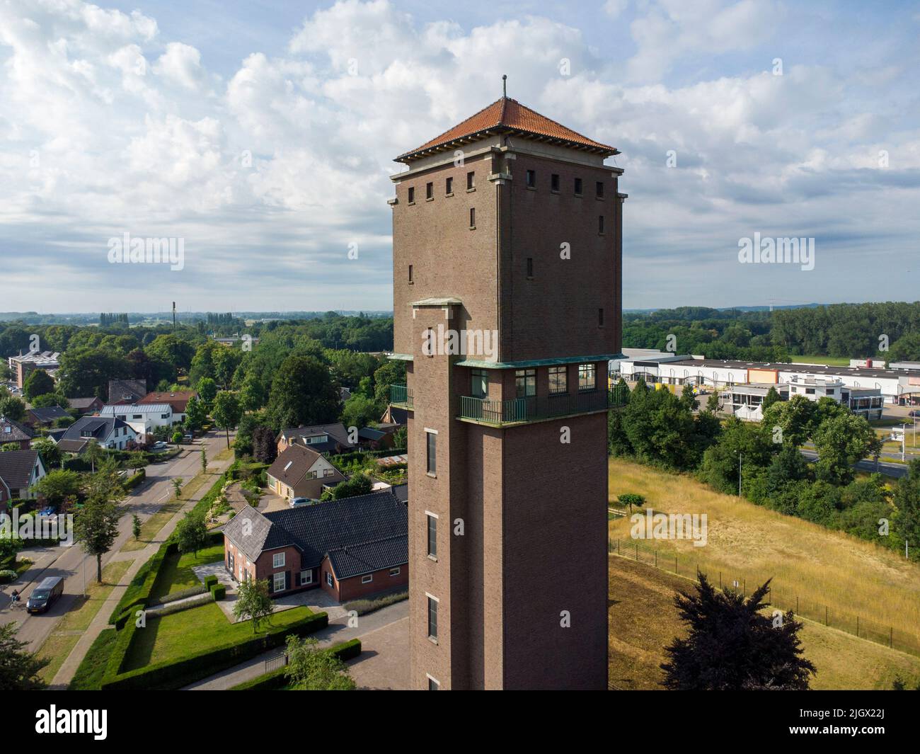 Aerial photograph of the Water Tower in Doetinchem, shot on a bright sunny morning. Stock Photo