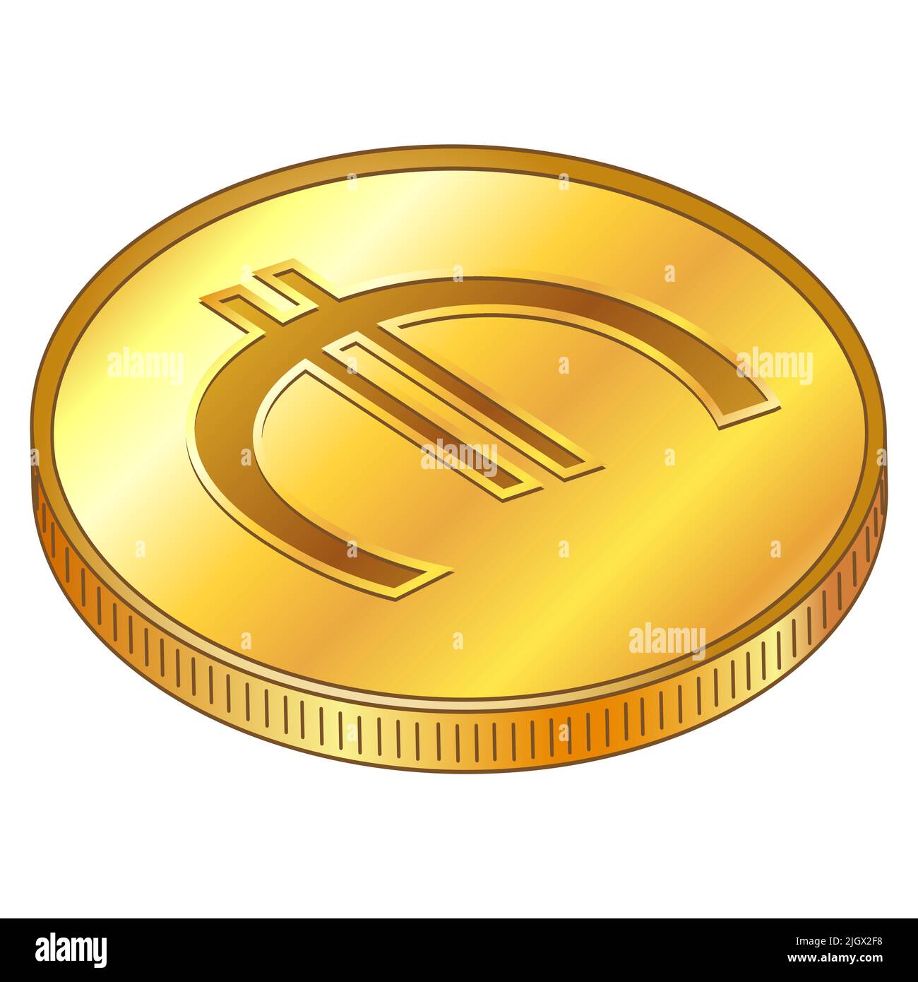 Gold coin with EUR currency sign of European Union in isometric top view isolated on white background. Introduction of digital currency by the Europea Stock Vector