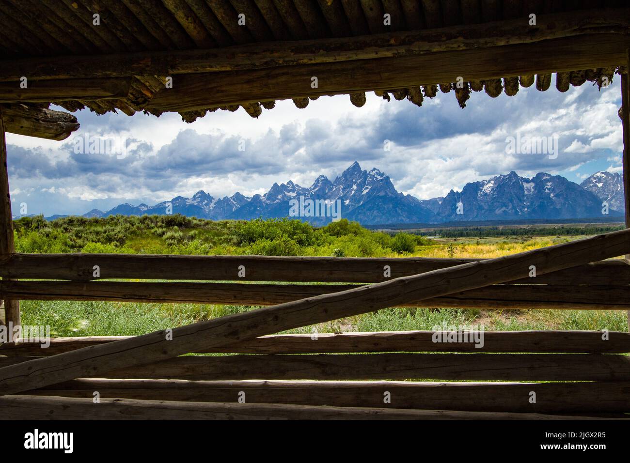 Grand Teton View from a Shed Stock Photo