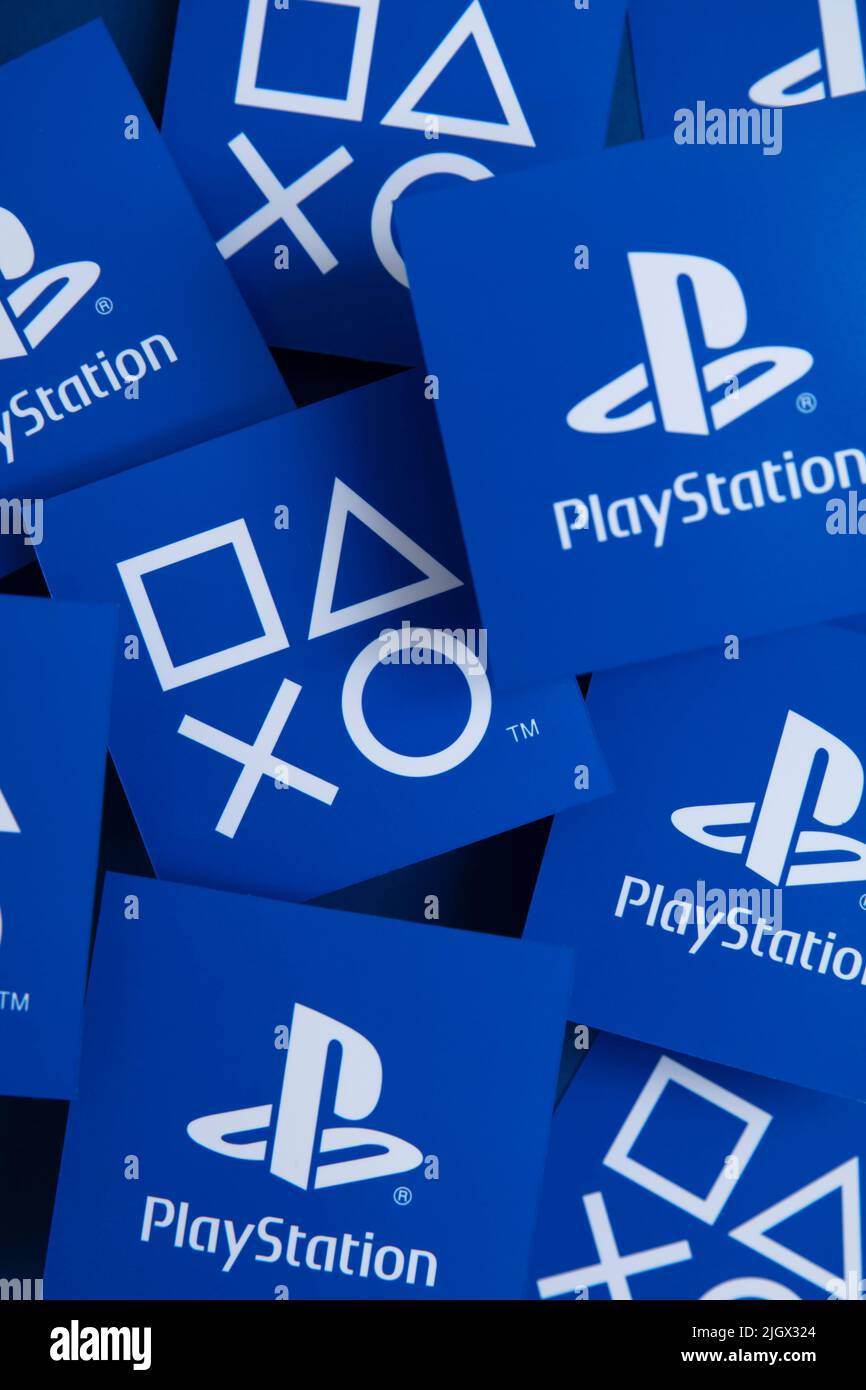 LONDON, UK - July 2022: Sony playstation logo against a blue background. Playstation is a video game brand Stock Photo