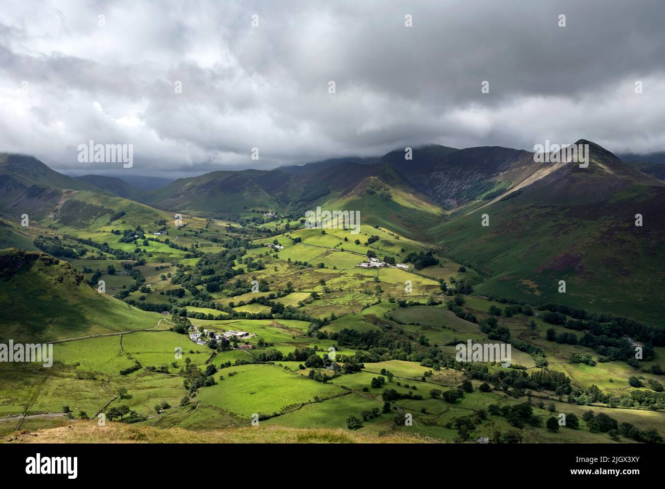 The view over the Newlands valley towards Causey Pike, Scar Crags, Crag Hill and Ard Crags from the summit of Cat Bells, Lake District, Cumbria, UK Stock Photo