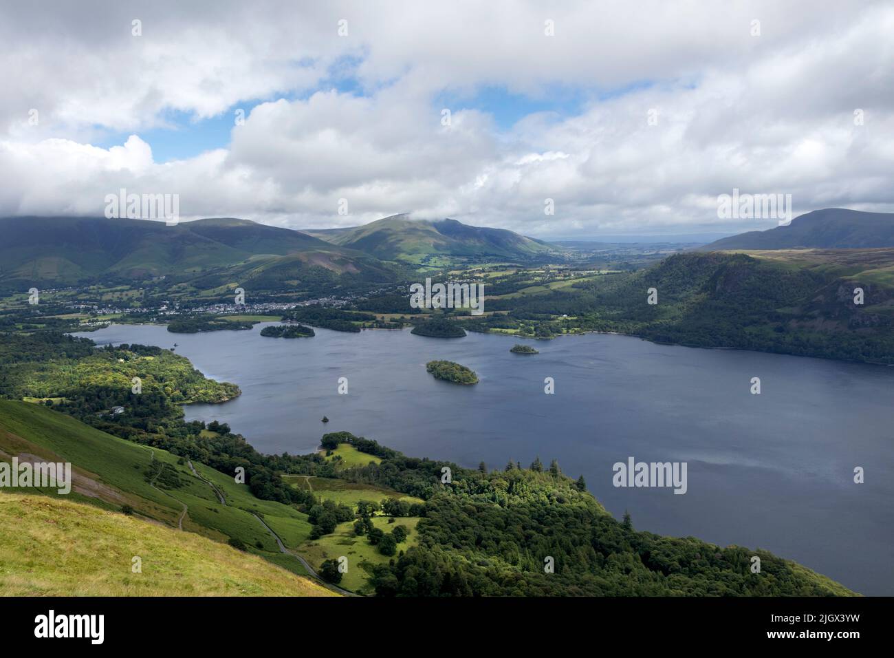 The view across Derwent Water towards Blencathra from the summit of Cat Bells, Lake district, Cumbria, UK Stock Photo
