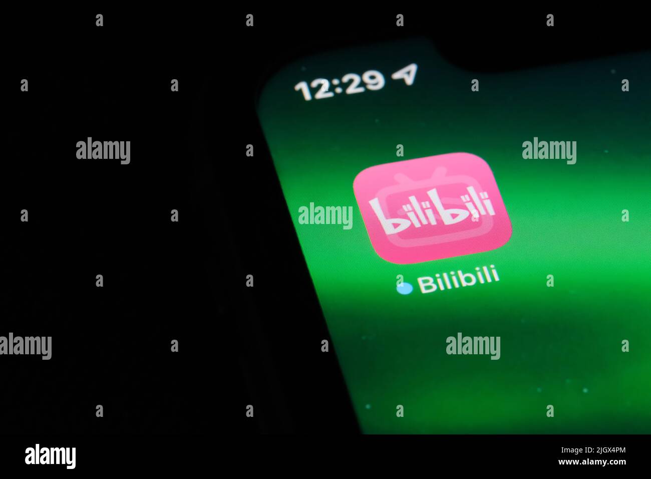 Shanghai,China-Feb. 19th 2022: close up Bilibili mobile app icon on phone screen. Chinese video sharing platform Stock Photo