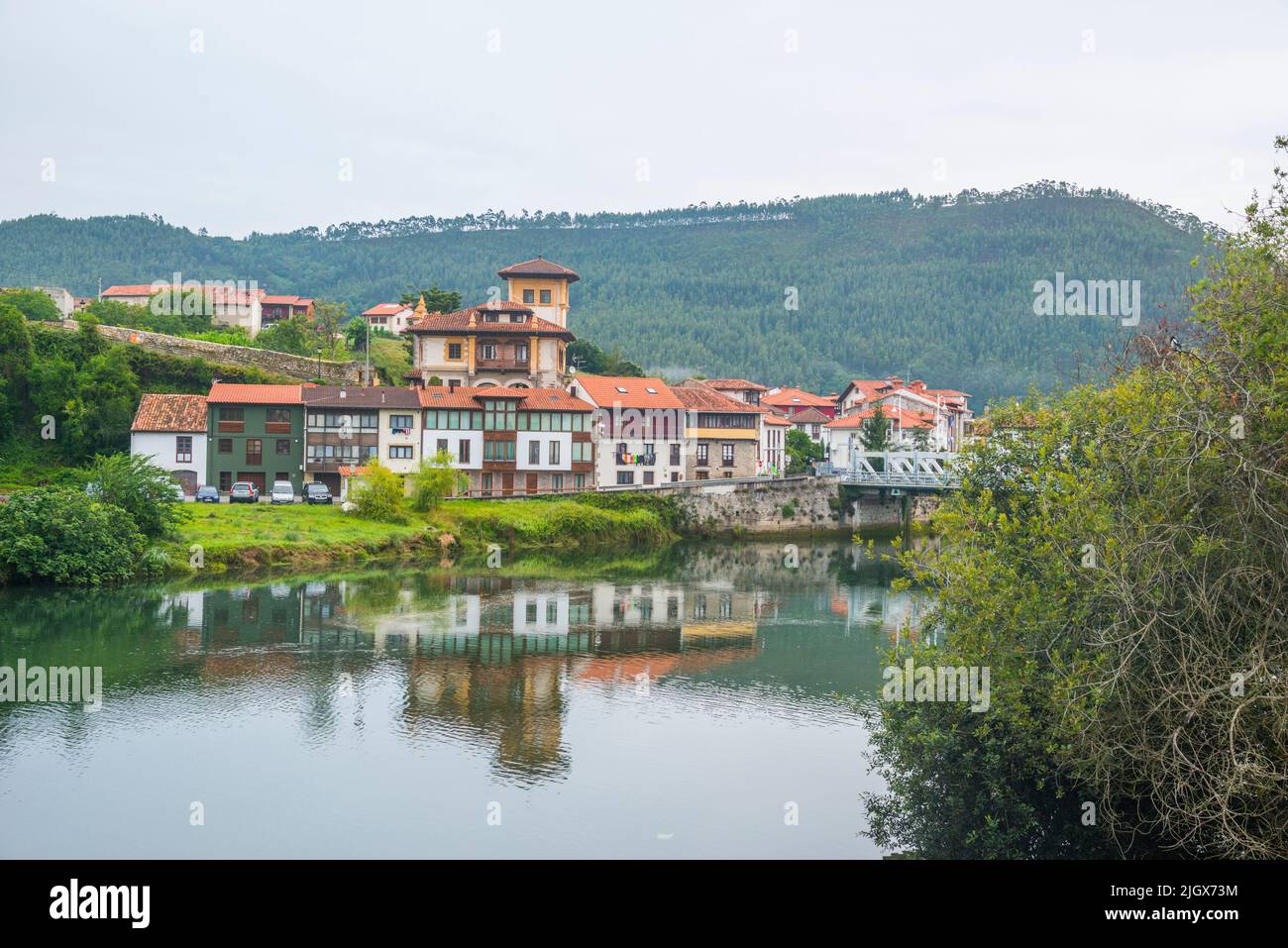 Overview and river Deva. Bustio, Asturias, Spain. Stock Photo