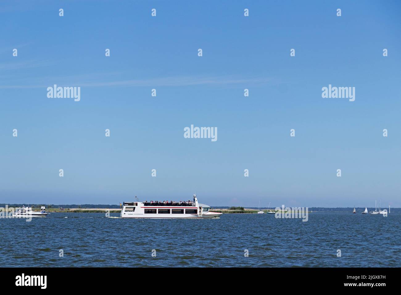 Excursion boat and other boats, Wustrow, Saaler Bodden, Mecklenburg-West Pomerania, Germany Stock Photo