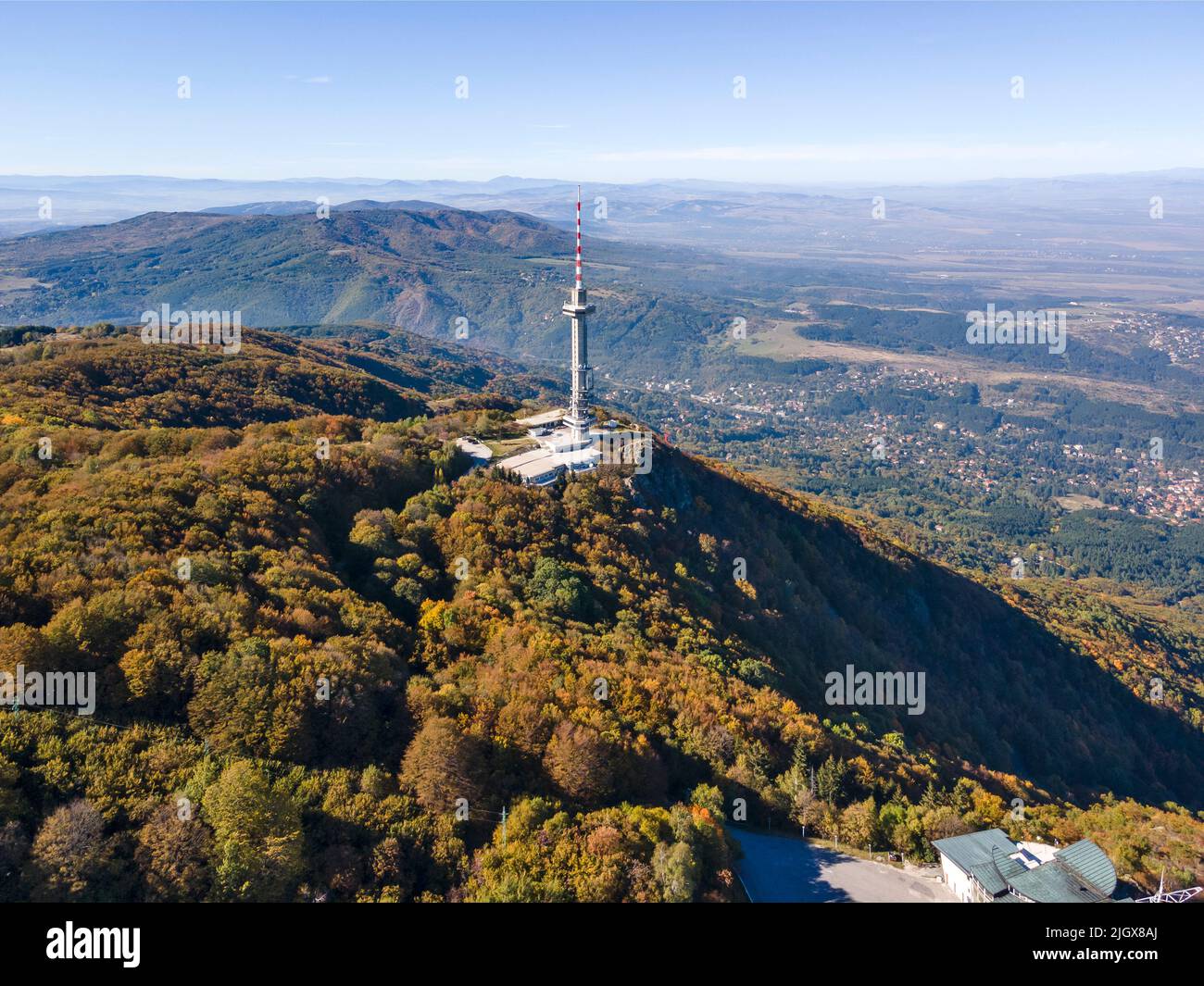Aerial Autumn panorama of Vitosha Mountain at Kopititoto area and city ...