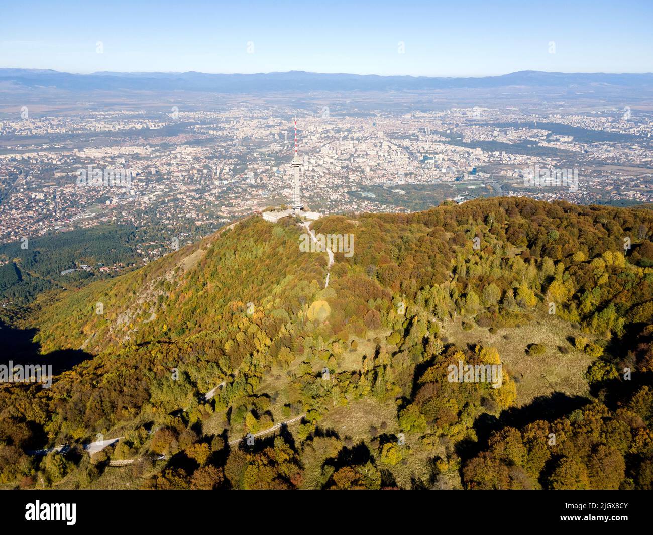 Aerial Autumn panorama of Vitosha Mountain at Kopititoto area and city ...