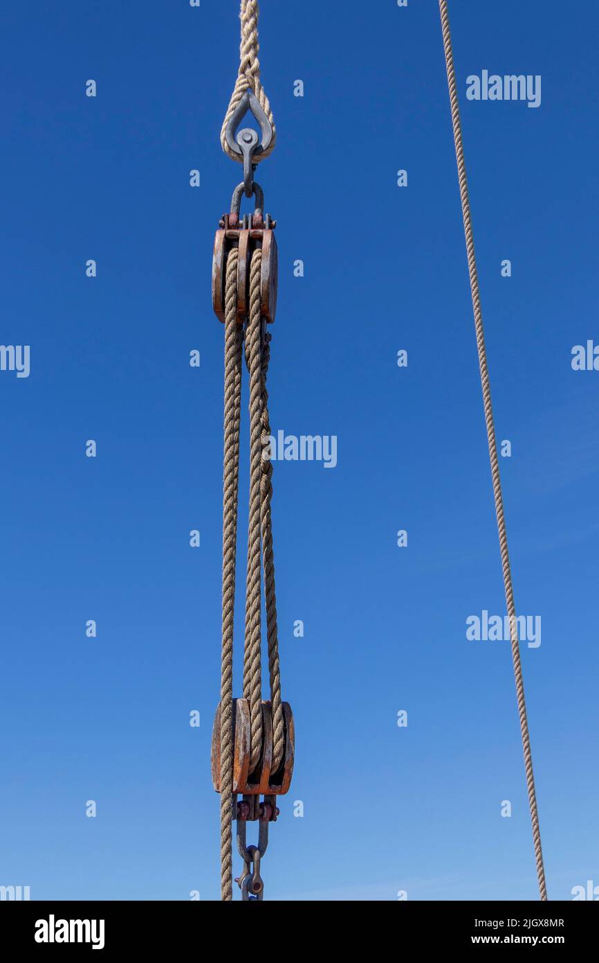 Isle Blocking Rope Rope and block, harbour, Wustrow, Mecklenburg-West Pomerania, Germany ...
