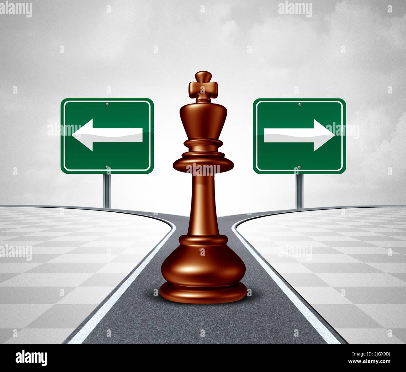 Strategy Direction Decision as a business game plan or life choice and guidance to decide and choose the best way forward to succeed as a crossroads. Stock Photo