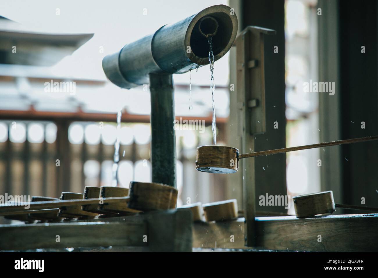 Traditional Japanese ladles for water purification at the temple