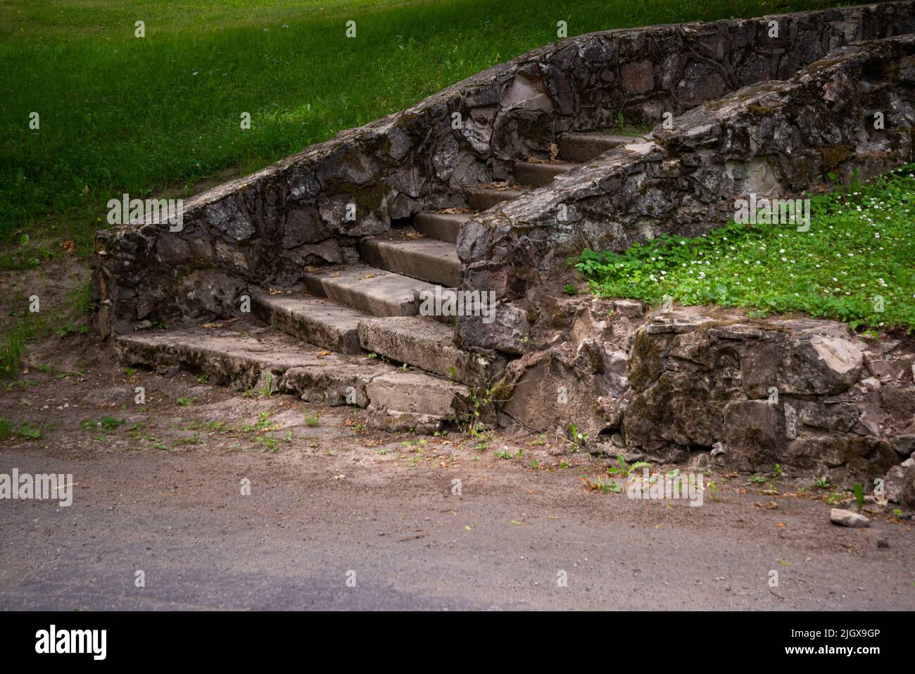 Stone stairs connecting garden paths on a sunny day, low ground cover Stock Photo