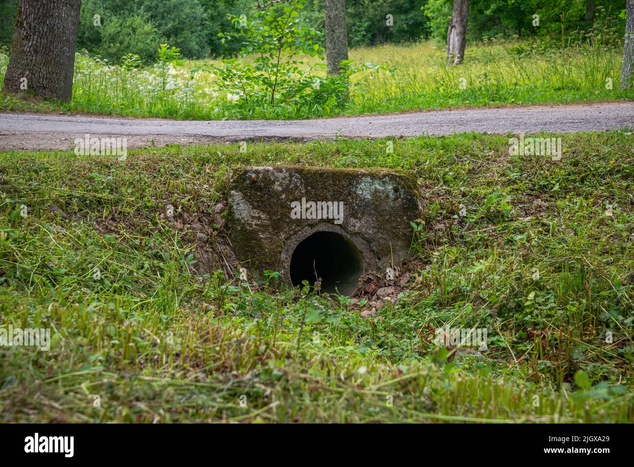 Concrete culvert with wing walls under a park road Stock Photo