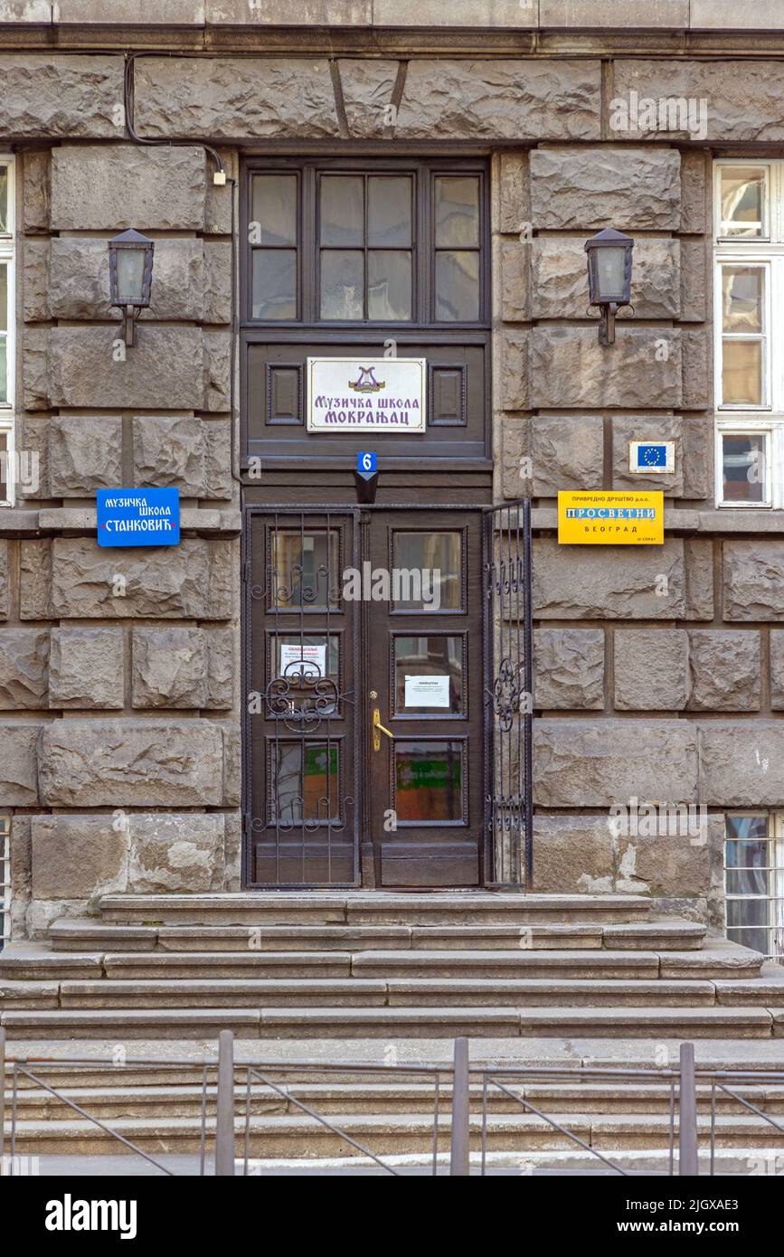 Belgrade, Serbia - March 15, 2022: Entrance to Mokranjac School Oldest Music Pedagogical Institution Founder of Singing Society. Stock Photo