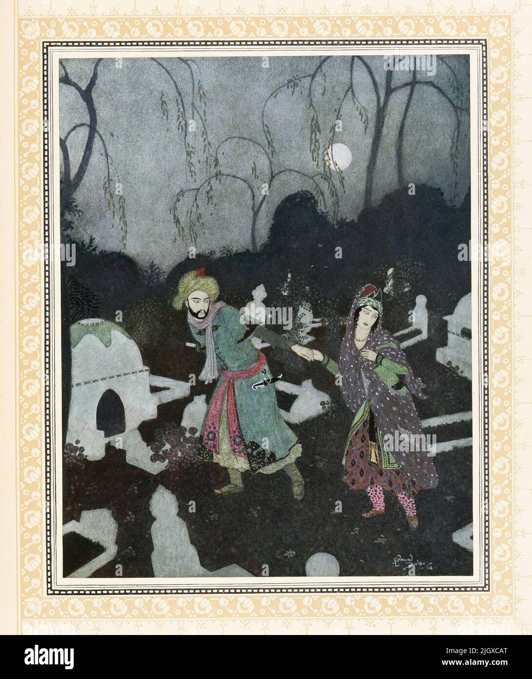The Prince leads the Lady to the Tomb. Illustration by Edmund Dulac for Sinbad the Sailor & Other Stories from the Arabian Nights (1914) Stock Photo