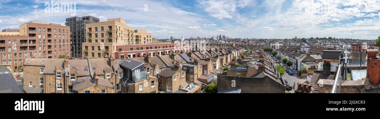 Panoramic shot of Battersea in Wandsworth London , looking East over the roof tops from Boutflower Road SW11. Stock Photo