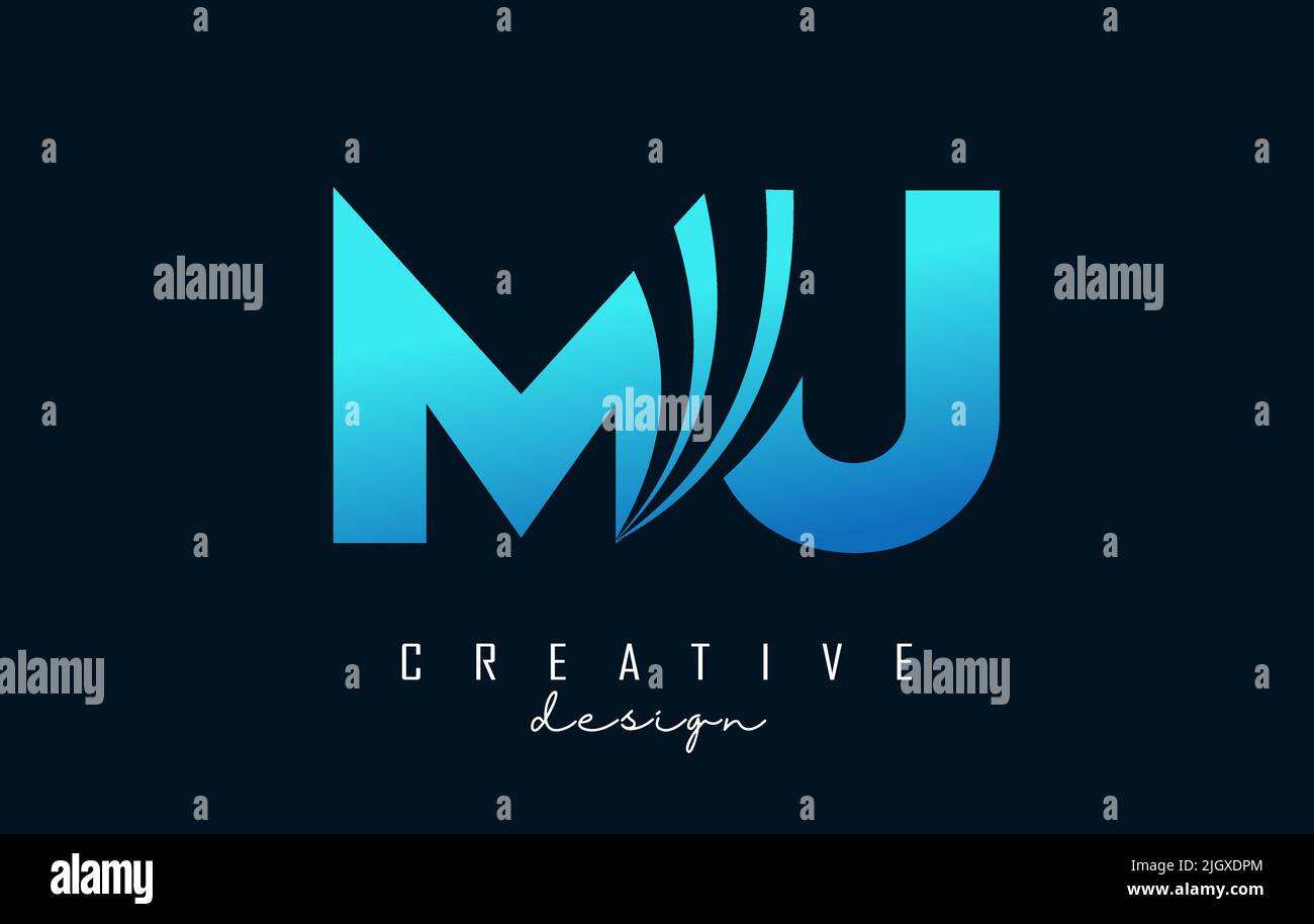 Creative blue letter MU m u logo with leading lines and road concept ...