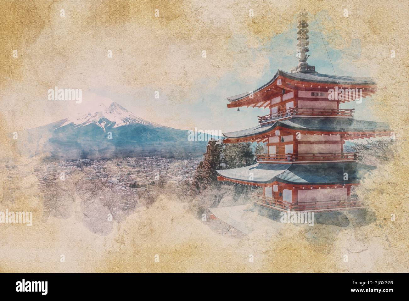 Japanese landscape - Watercolor effect illustration Stock Photo