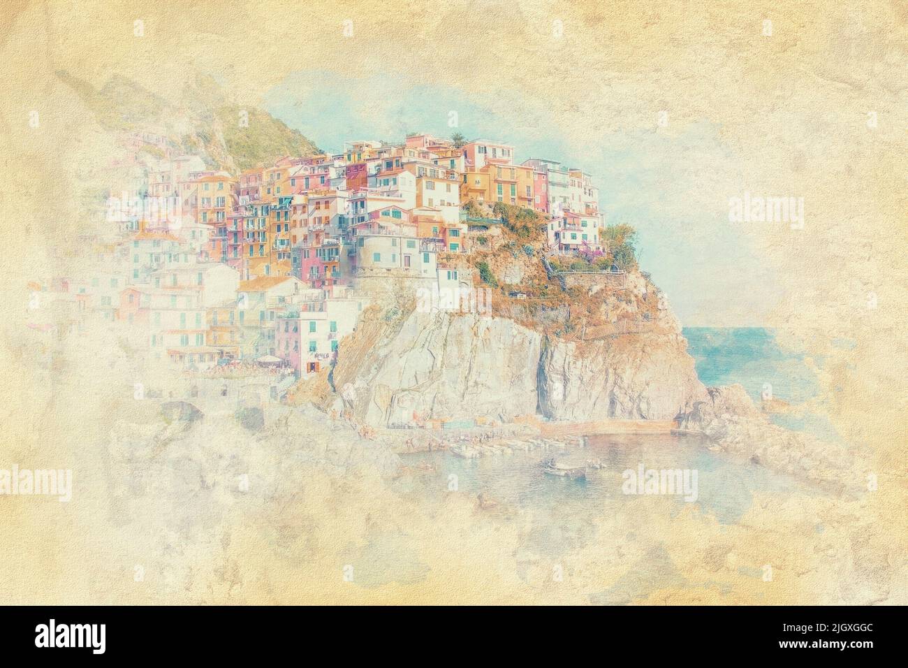 Manarola village in Cinque Terre National Park - Watercolor effect illustration Stock Photo