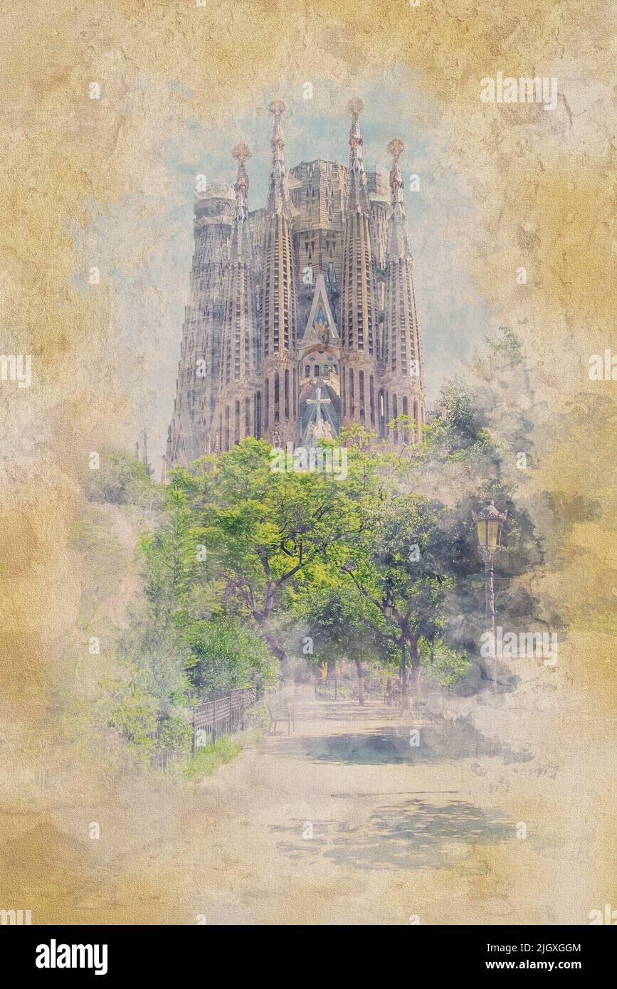 Basilica de la Sagrada Familia in Barcelona - Watercolor effect illustration Stock Photo