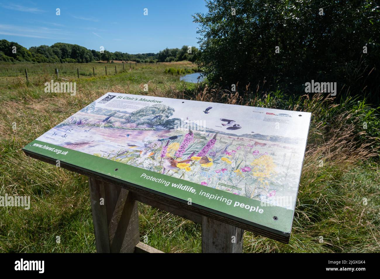 St Clair's Meadow, an information board at the nature reserve managed by Hampshire and Isle of Wight Wildlife Trust, Soberton, Hampshire, England, UK Stock Photo
