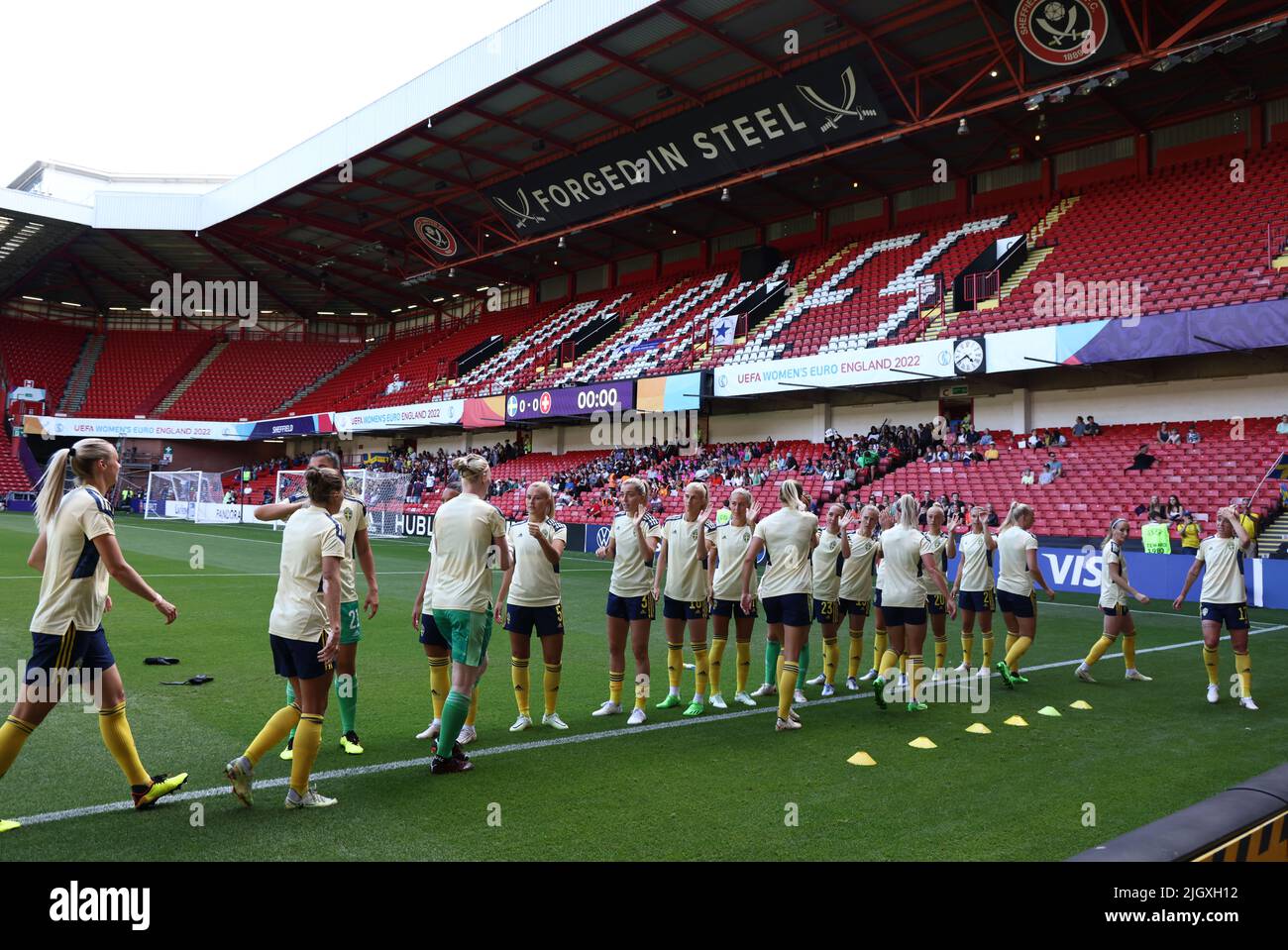 Sheffield, England, 13th July 2022.   The Sweden team warm up during the UEFA Women's European Championship 2022 match at Bramall Lane, Sheffield. Picture credit should read: Darren Staples / Sportimage Stock Photo