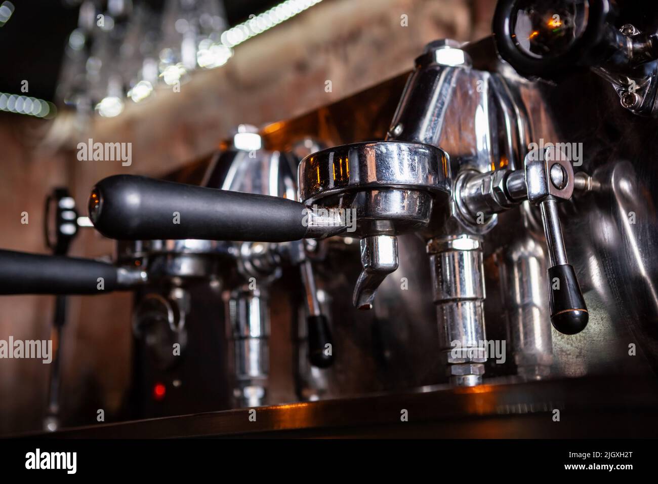 Close up of traditional Espresso Coffee Machine. Stock Photo