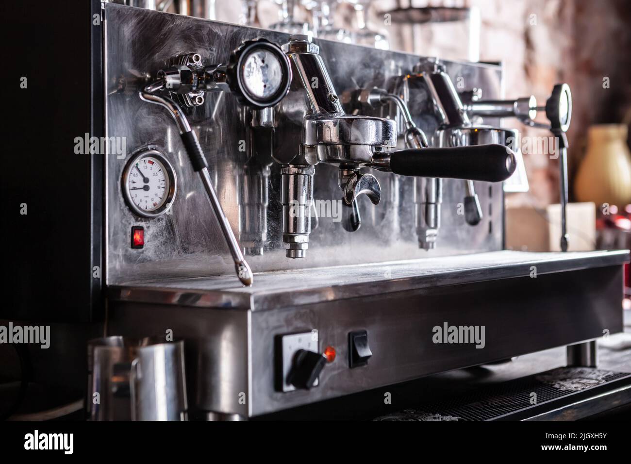 Close up of traditional Espresso Coffee Machine. Stock Photo