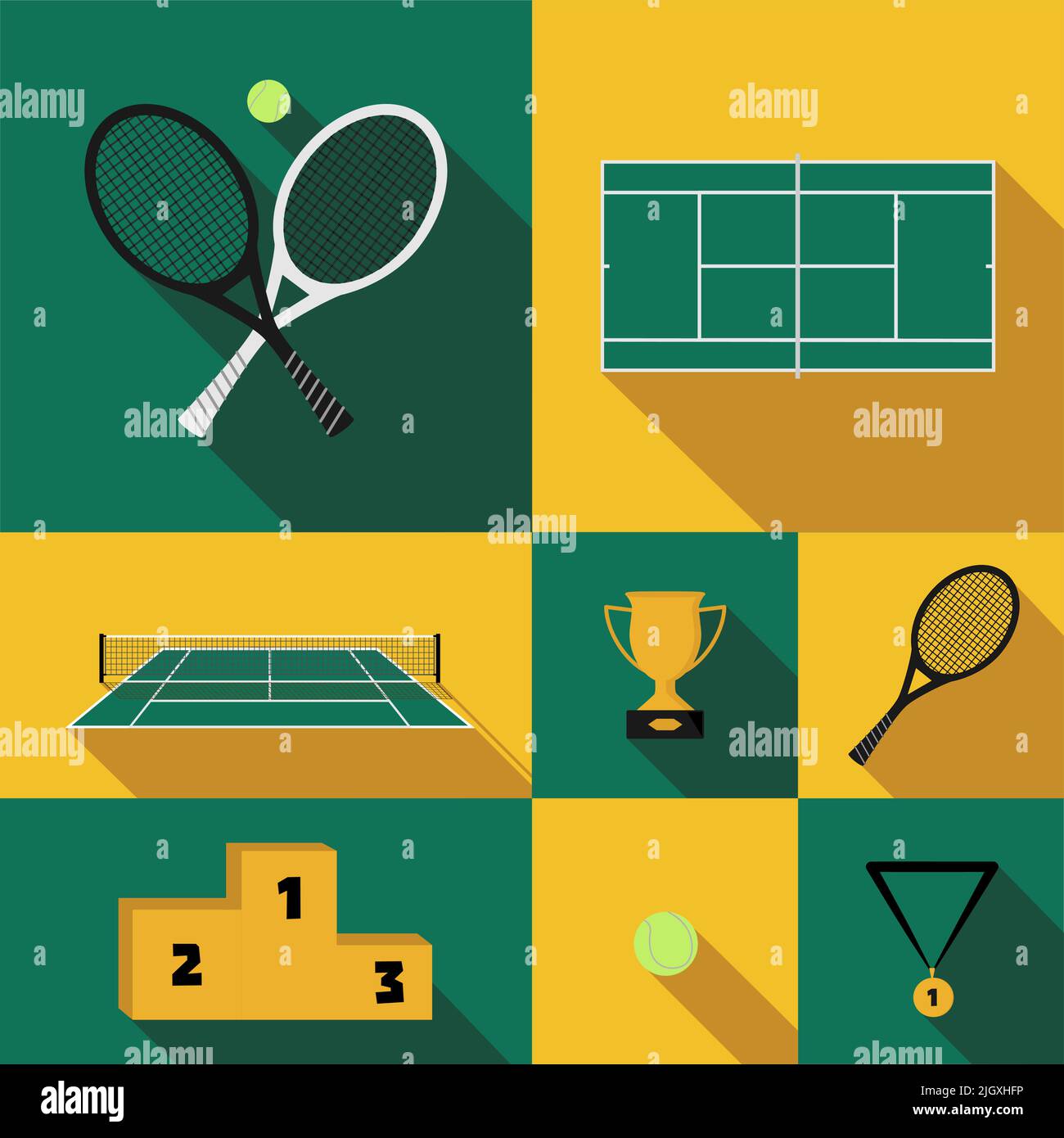 Tennis icon set in flat design style: racket, balls, court, net, prize ...