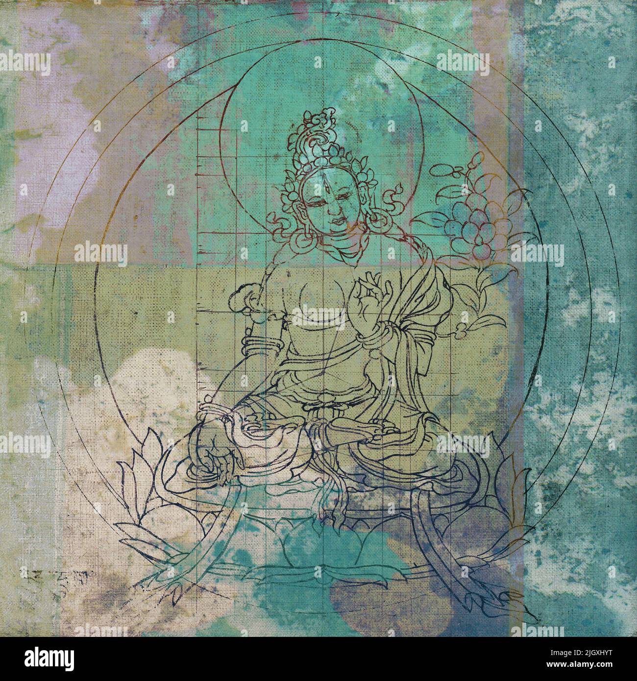 Antique grunge buddha illustrations with abstract colors and textures. Stock Photo