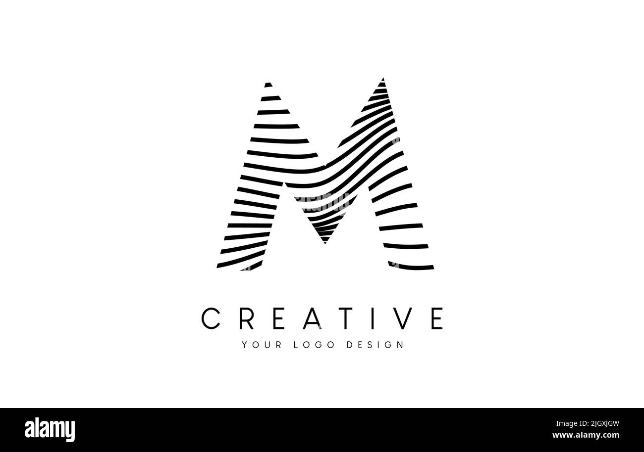 Warp Zebra Lines Letter M logo Design with Black and White Lines and ...