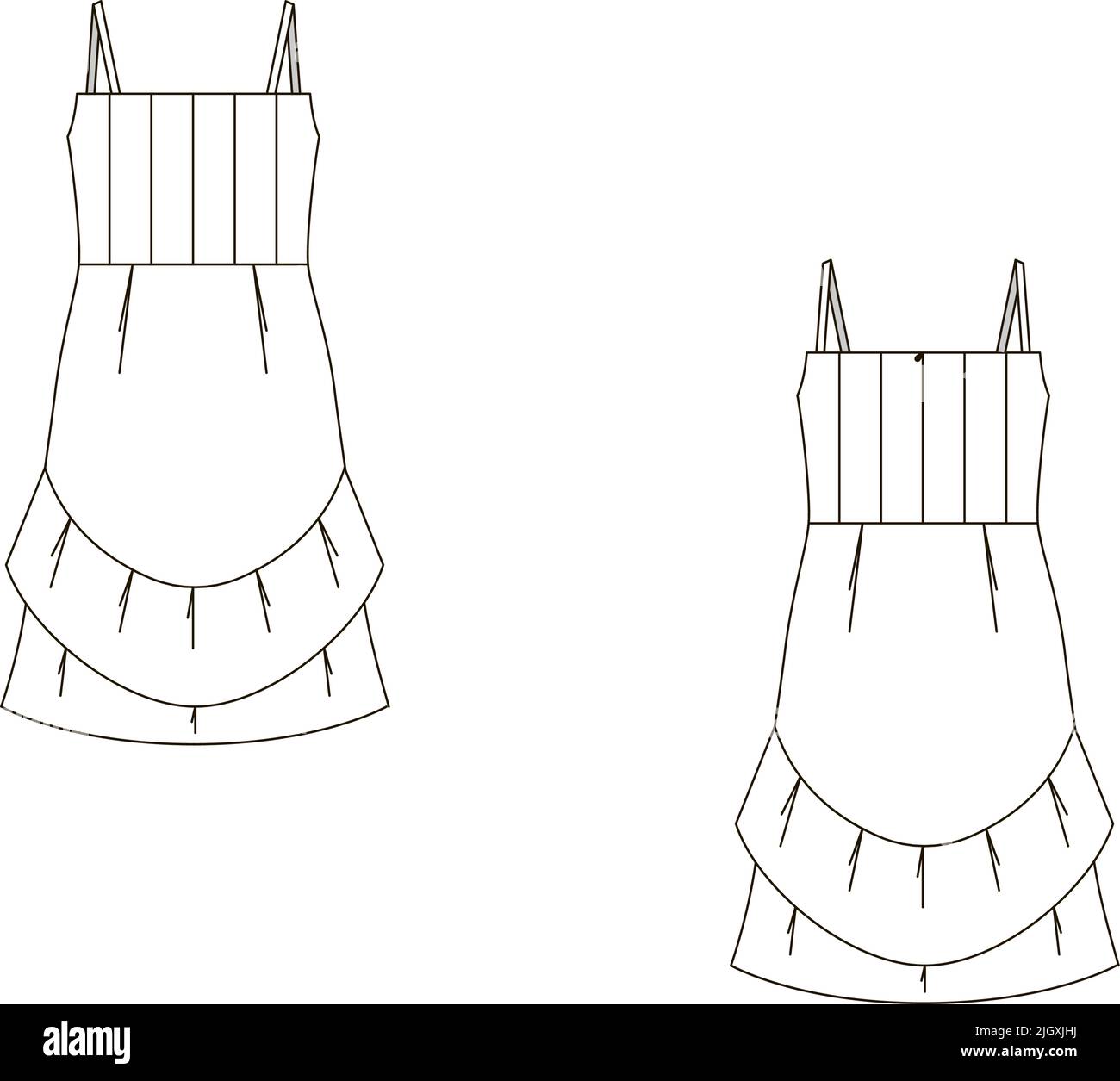 technical sketch of a summer light dress with flounces Stock Vector