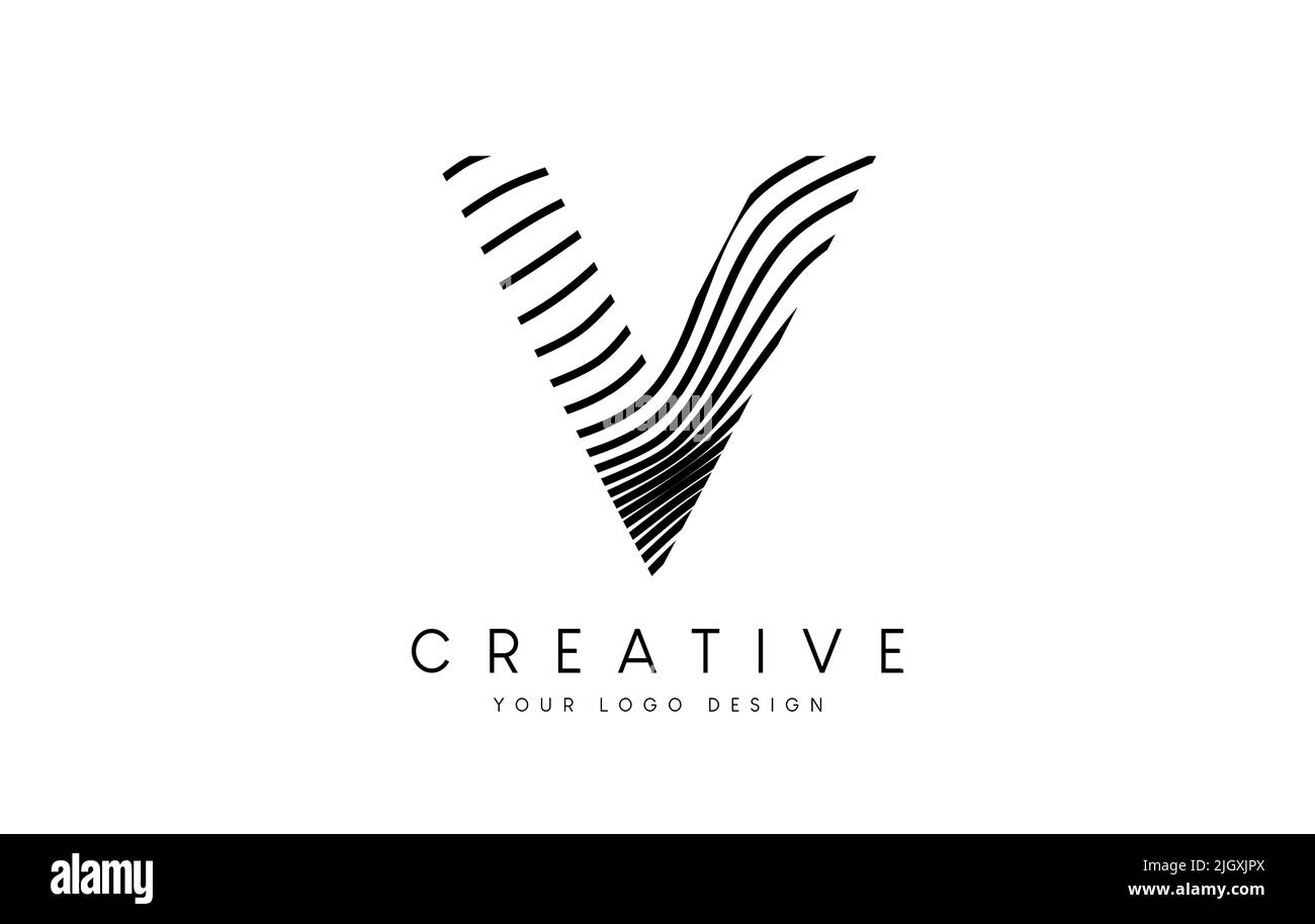 Warp Zebra Lines Letter V logo Design with Black and White Lines and ...