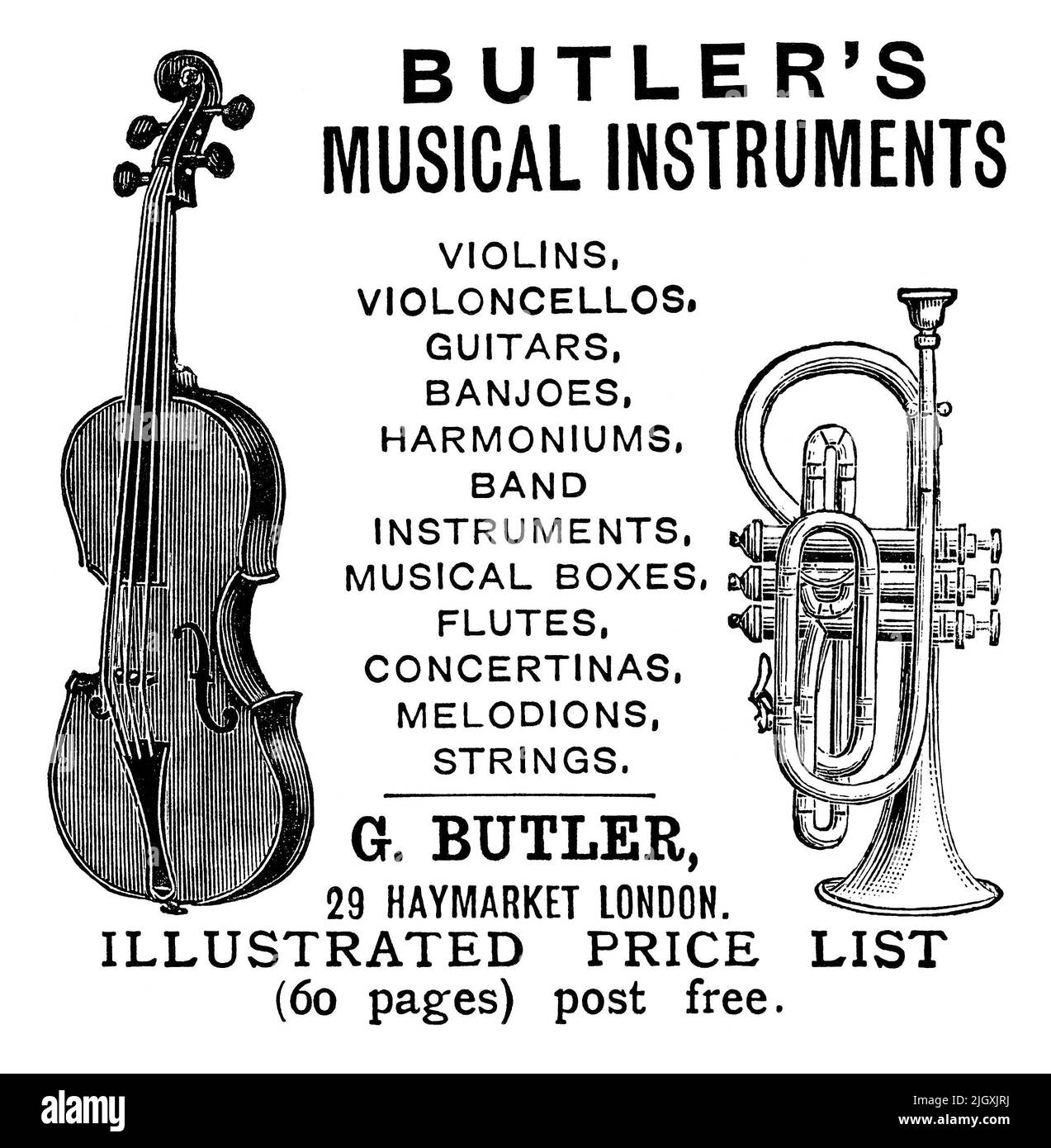 1887 British Victorian advertisement for Butler's Musical Instruments. Stock Photo
