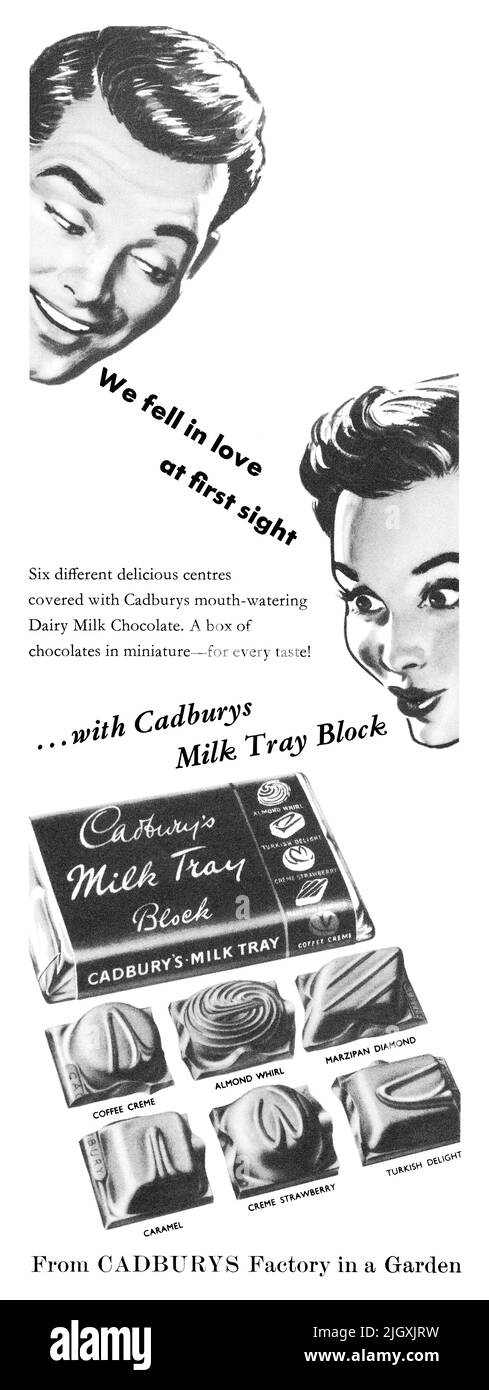 1955 British advertisement for Cadbury's Milk Tray Block chocolate bar. Stock Photo