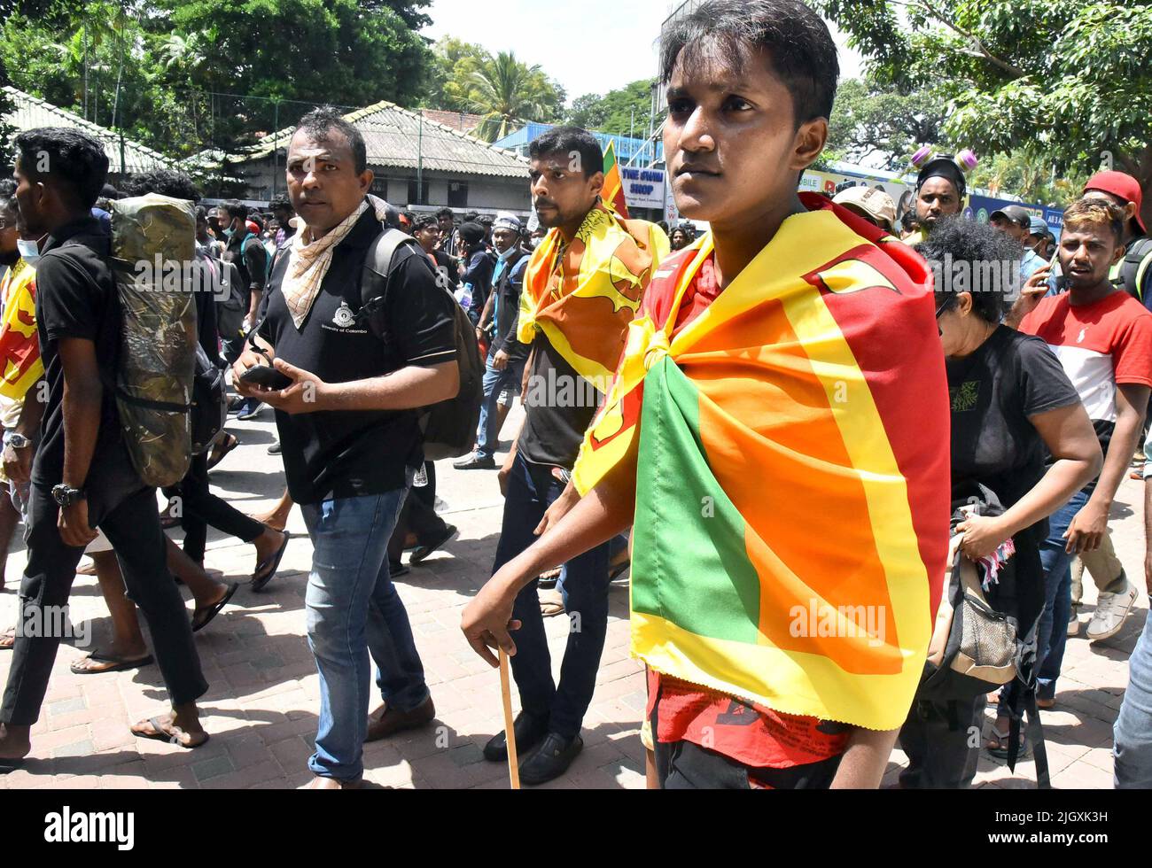 Colombo, Sri Lanka. 13th July, 2022. People demonstrate in front of the Prime Minister's Office calling for the resignation of Prime Minister Ranil Wickremesinghe who now functions as the acting president . Some of them forcibly entered the office in Colombo-Sri Lanka, on Wednsday on July 13, 2022. Thousands of anti-government protesters stormed into Sri Lanka Prime Minister Ranil Wickremesinghe's office, hours after he was named as acting president. Photo by Kumara De Mel/ Credit: UPI/Alamy Live News Stock Photo