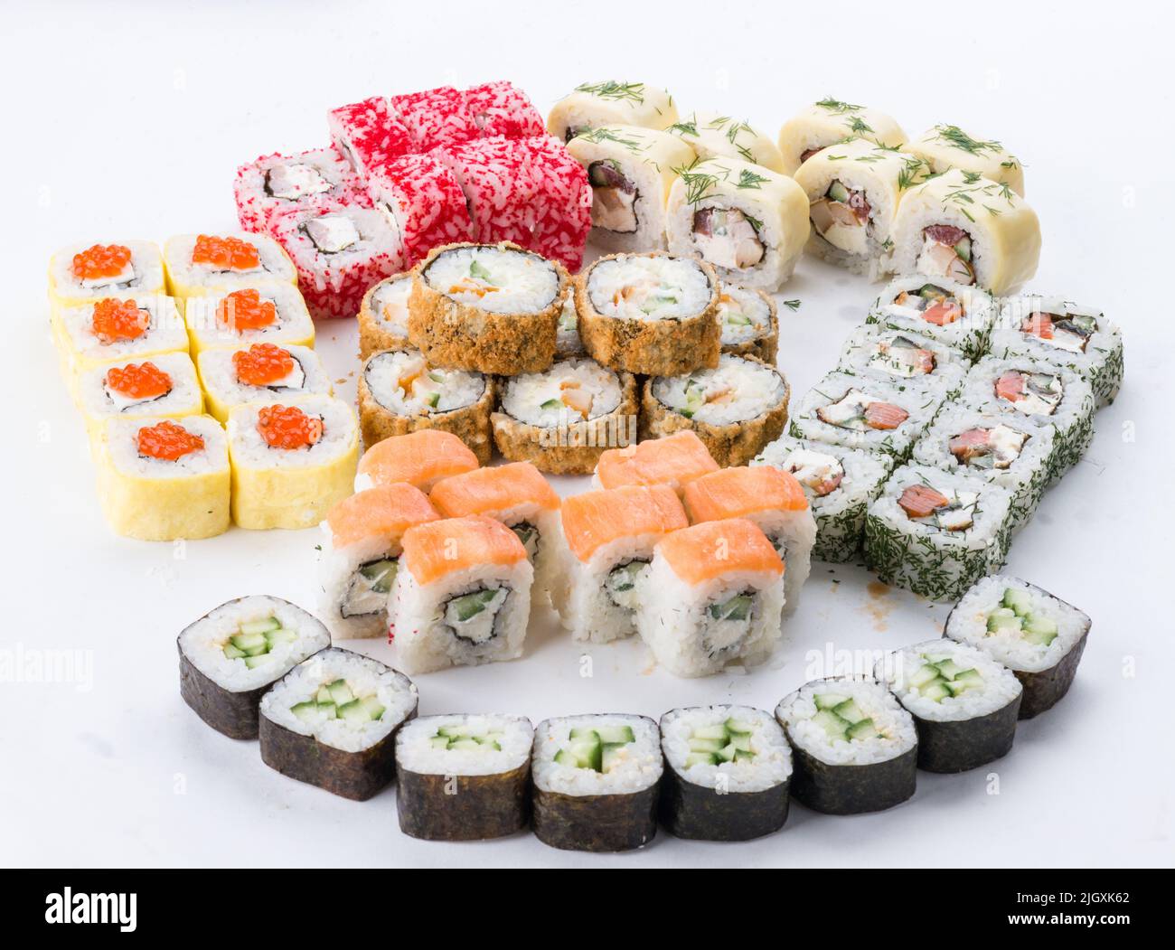 Sushi set and composition at white background. Japanese food restaurant