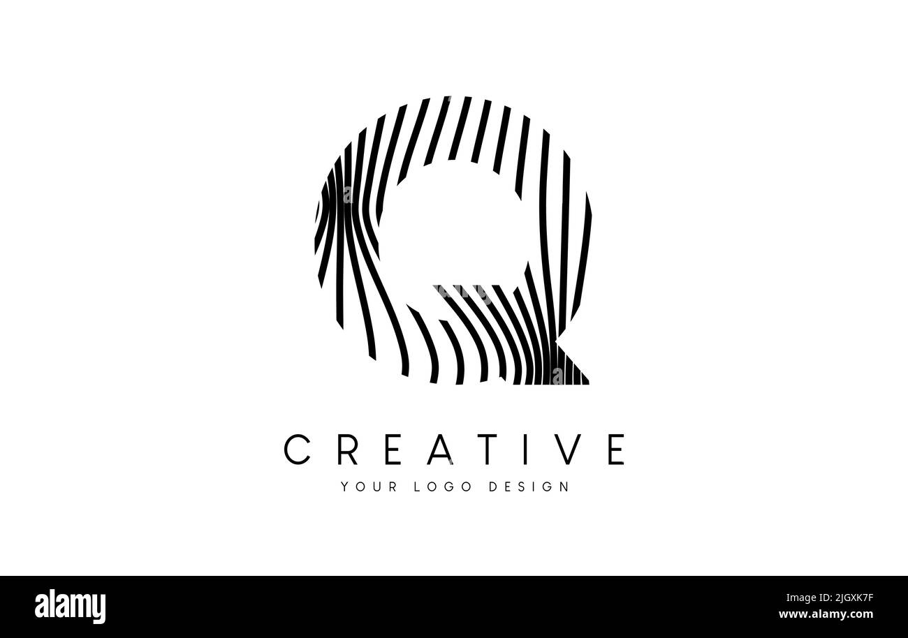 Warp Zebra Lines Letter Q logo Design with Black and White Lines and ...