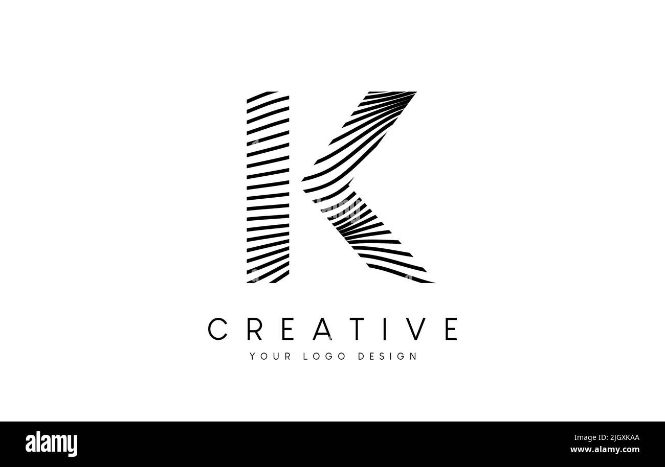 Warp Zebra Lines Letter K logo Design with Black and White Lines and ...