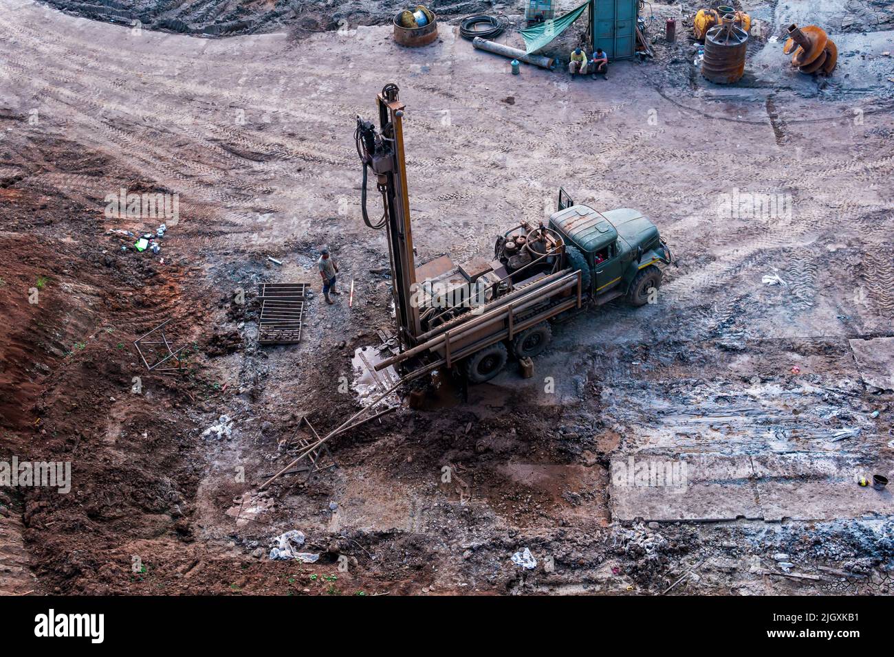 Perm, Russia - July 08, 2022: mobile drilling rig mounted on a truck during operation, top view Stock Photo