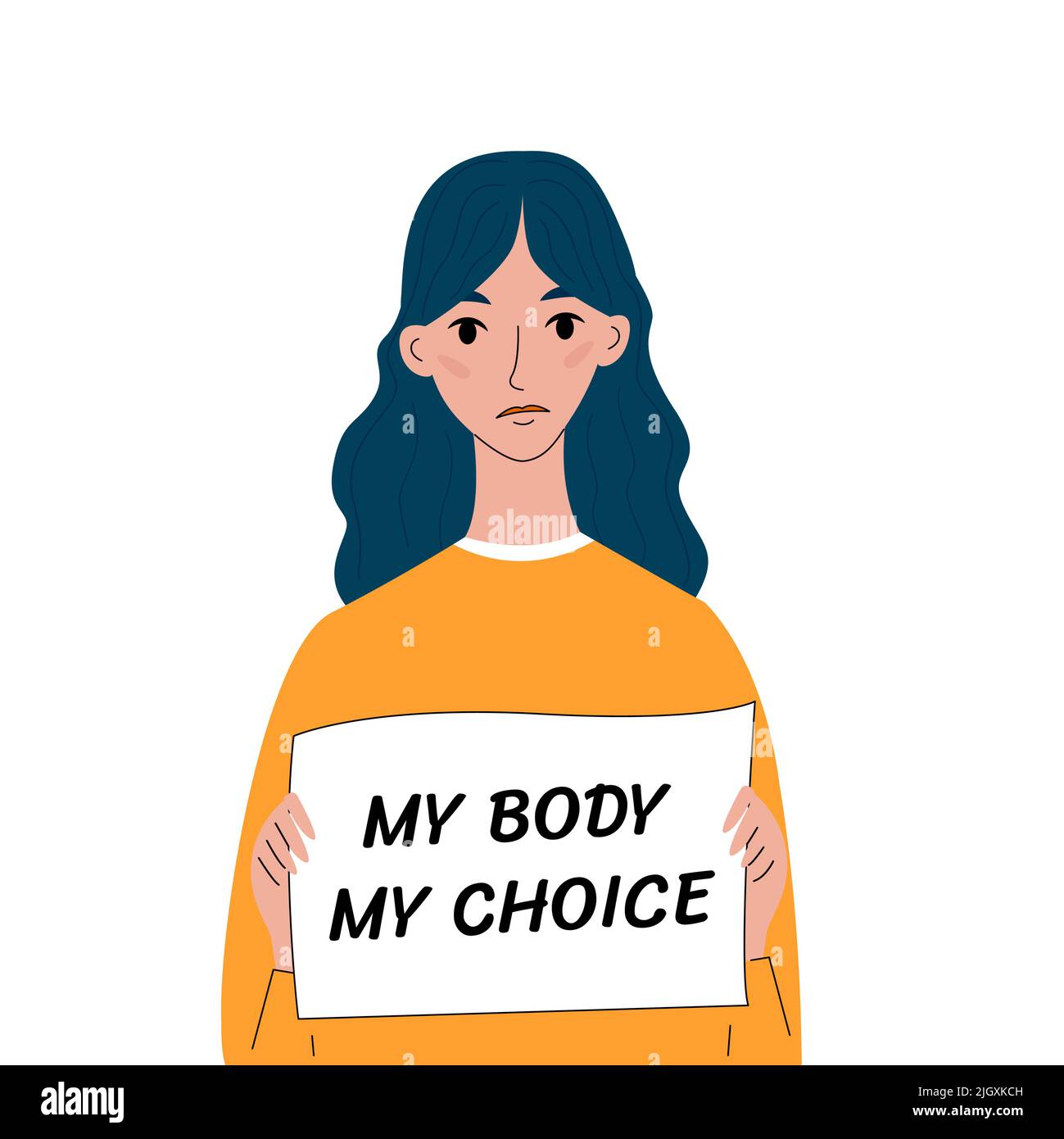 Woman's protest pro-choice. Young woman stands with poster in her hands My body my choice. Activist supporting abortion rights. Vector illustration in Stock Vector