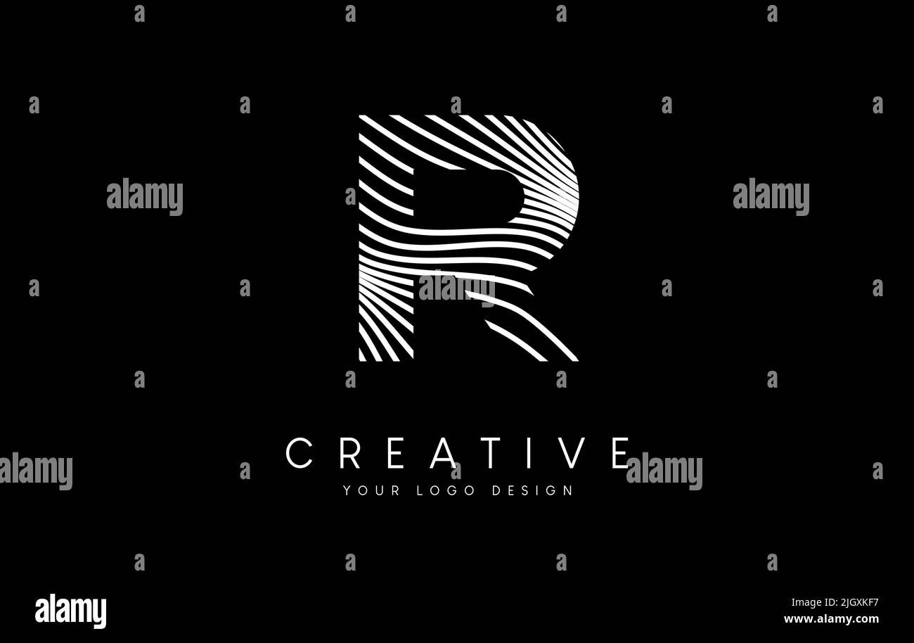 Warp Zebra Lines Letter R logo Design with Black and White Lines and ...