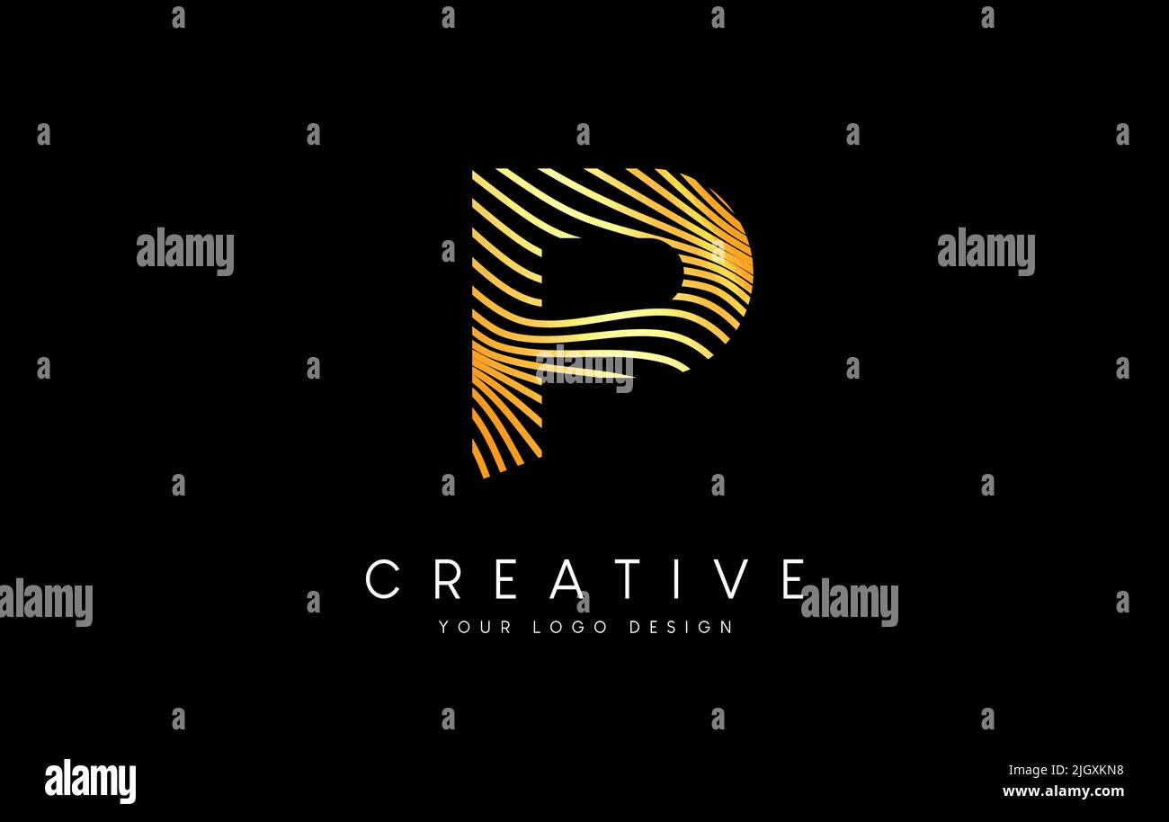 Warp Zebra Lines Letter P logo Design with Golden Lines and Creative ...
