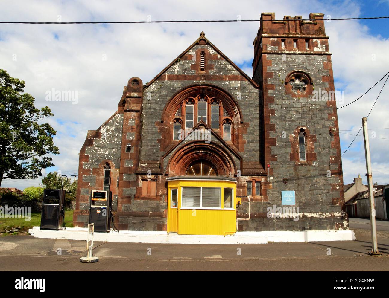 Former church converted into a garage, Whithorn, Dumfries & Galloway, Scotland, UK Stock Photo